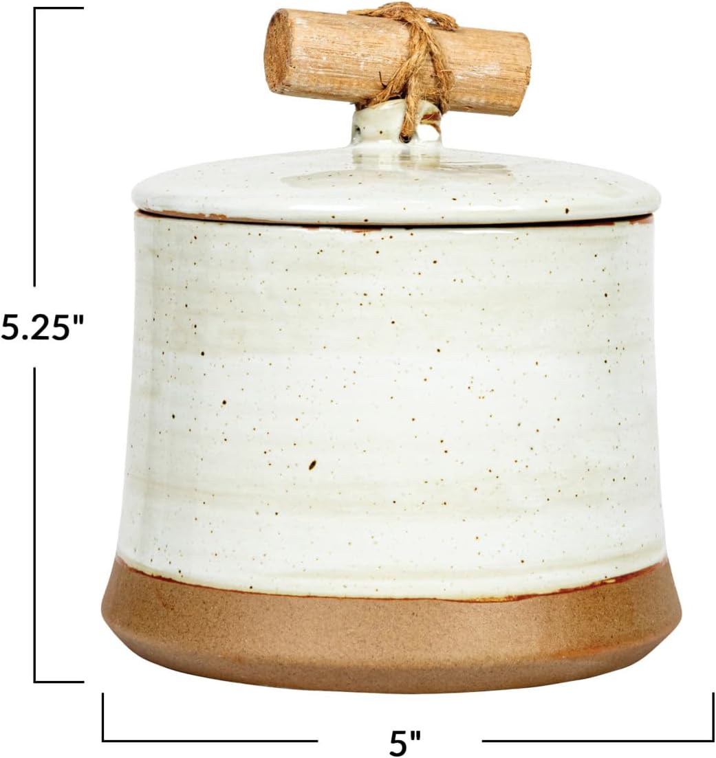 Round Stoneware Canister w/Pine Wood & Jude Handle, Reactive Glaze