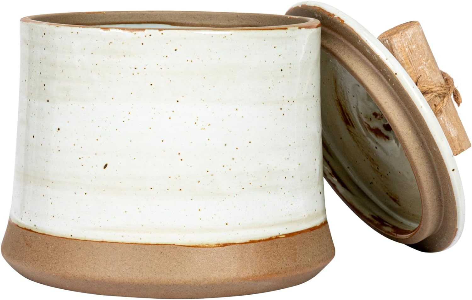 Round Stoneware Canister w/Pine Wood & Jude Handle, Reactive Glaze