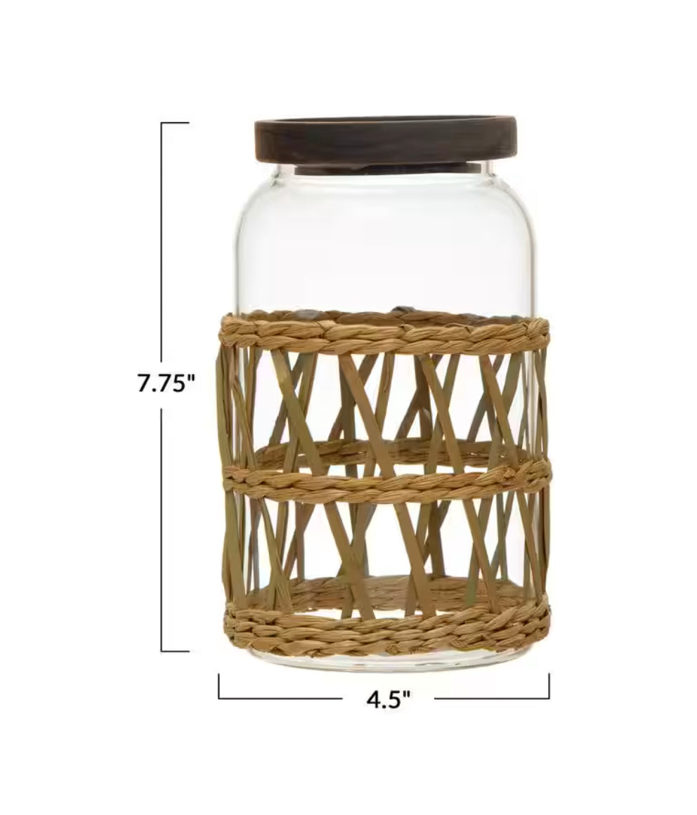 Glass Canister w/ Acacia Wood Lid &amp; Woven Sleeve_Large