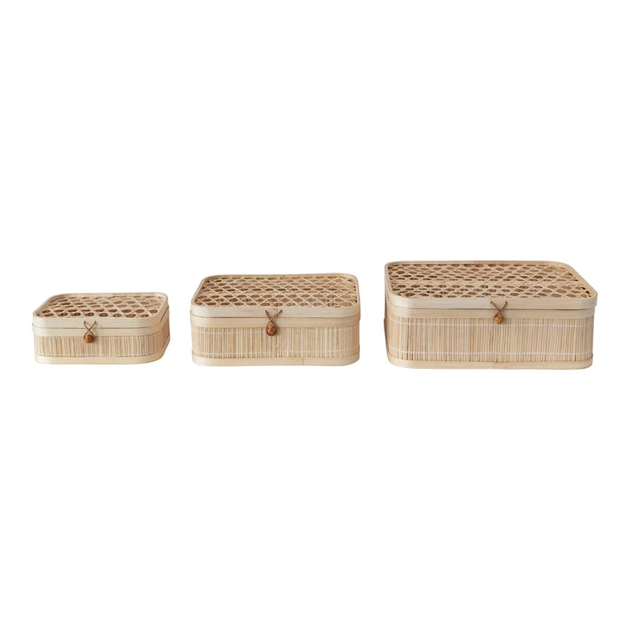 Hand-Woven Bamboo Boxes with Closures, Set of 3