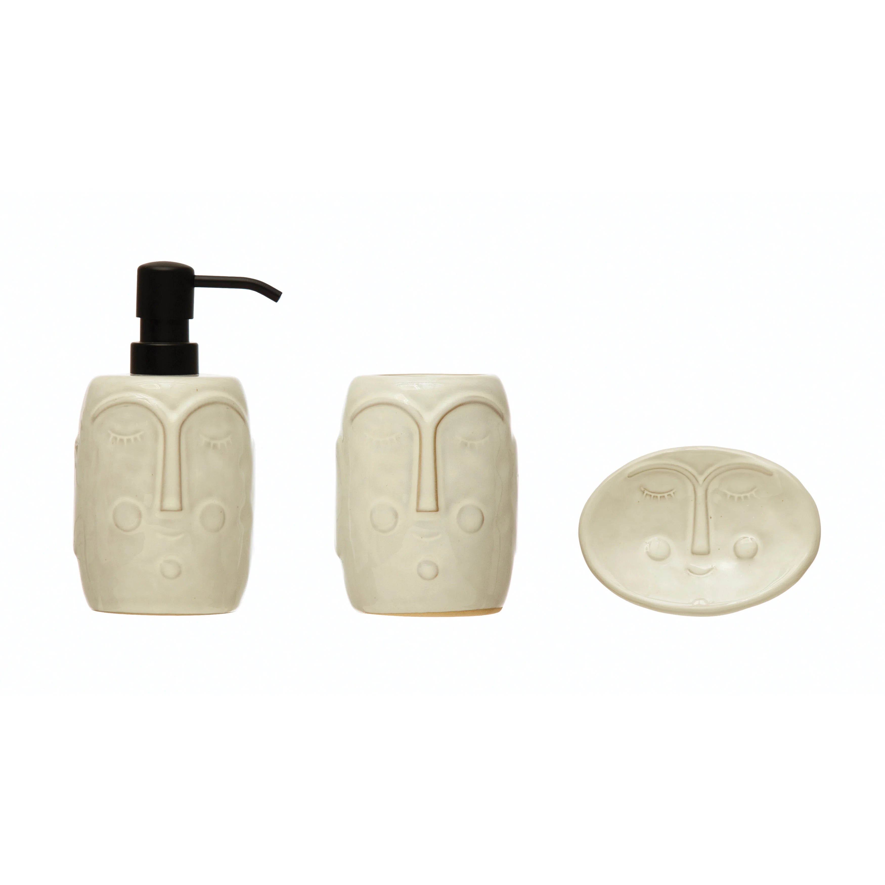 Stoneware Bath Set with Faces, Reactive Glaze set of 3