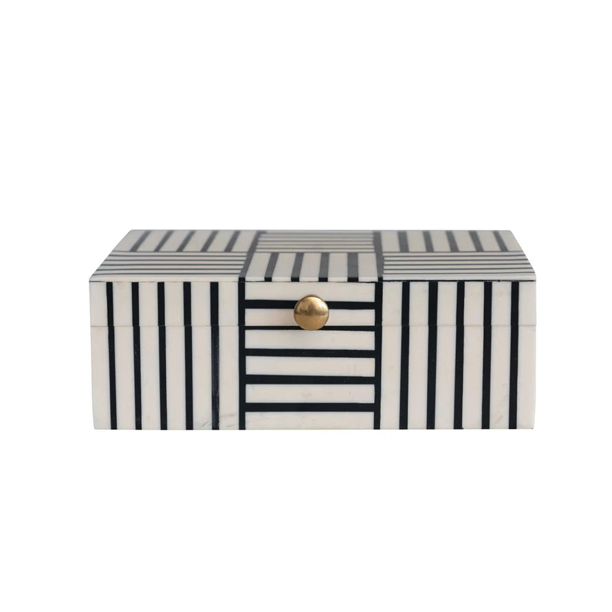 Resin Box w/ Striped Block Pattern & Gold Knob, Black & White