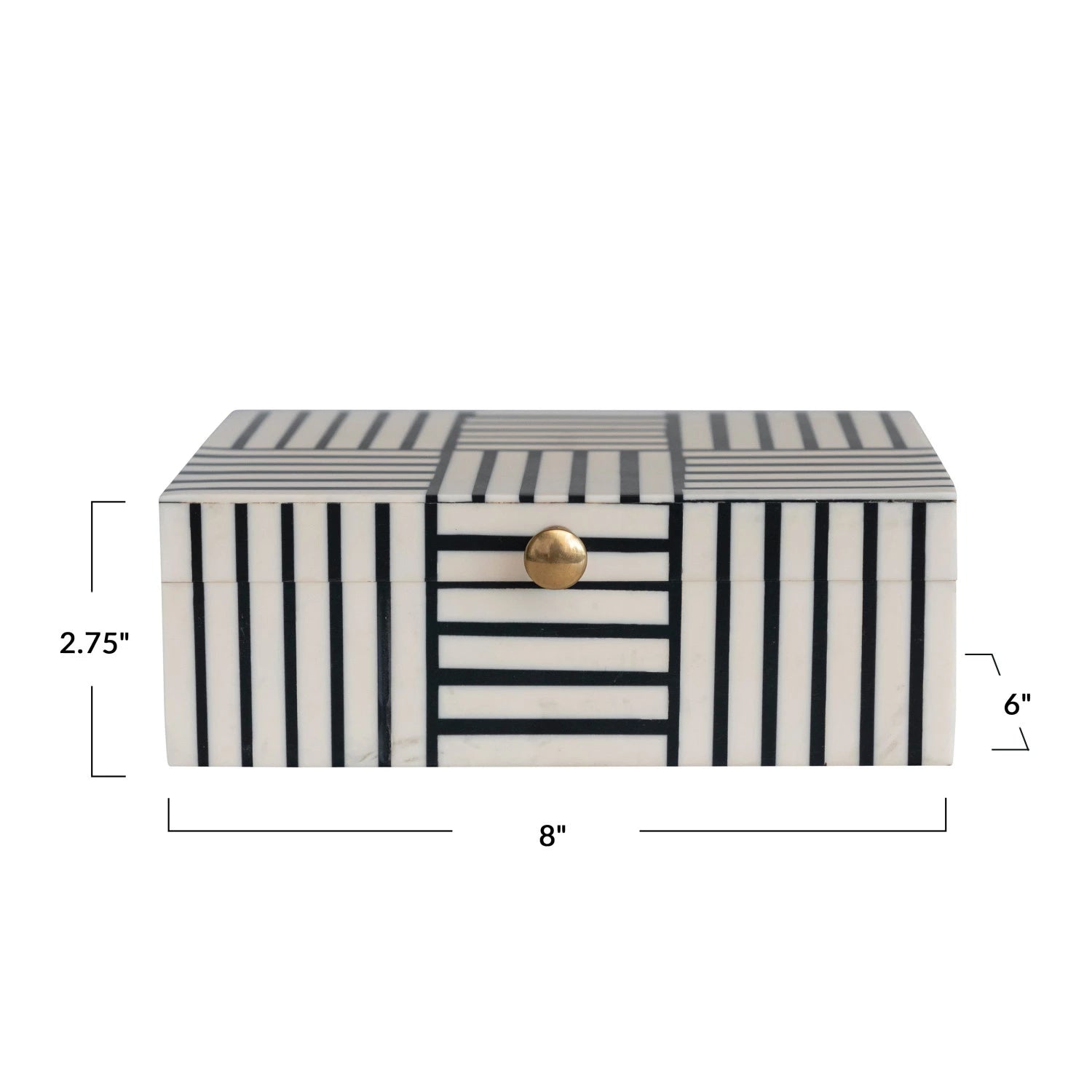 Resin Box w/ Striped Block Pattern & Gold Knob, Black & White