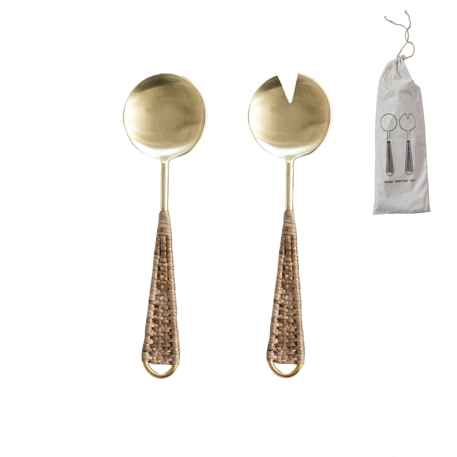 Stainless Steel & Rattan Salad Servers, Gold Finish & Natural, Set of 2 in Drawstring Bag