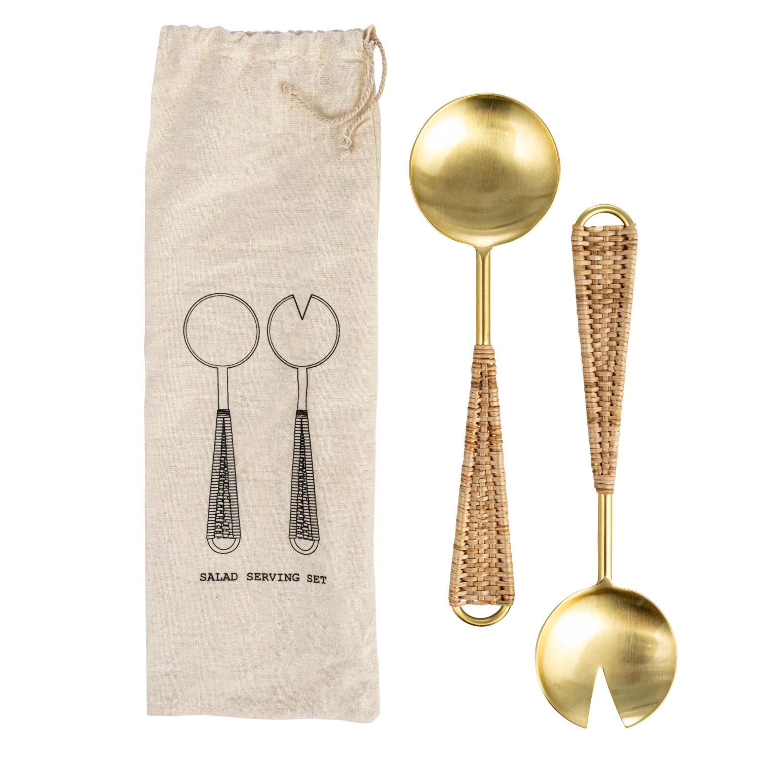 Stainless Steel & Rattan Salad Servers, Gold Finish & Natural, Set of 2 in Drawstring Bag