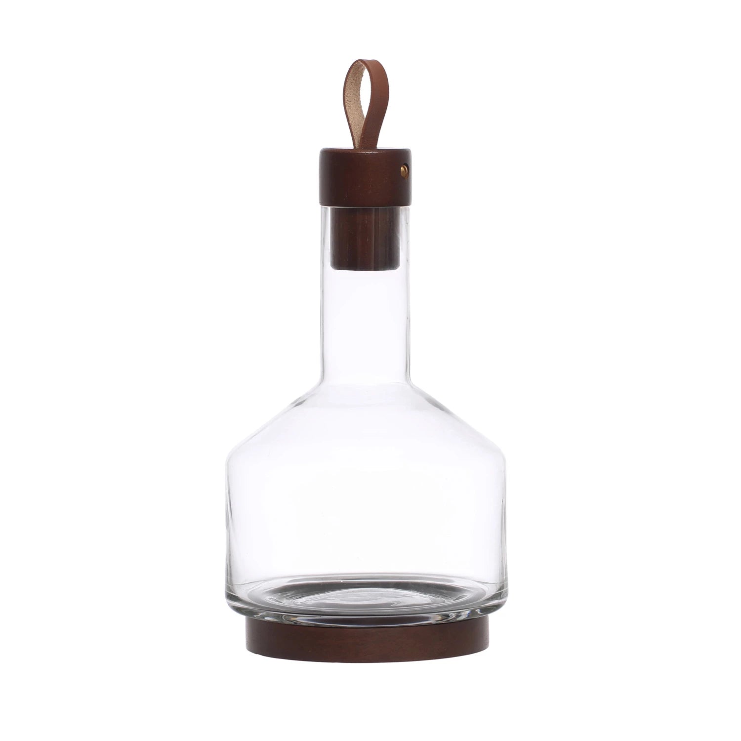 Glass Carafe w/ Acacia Wood Base, Stopper & Leather Pull, Walnut Finish 62 oz.