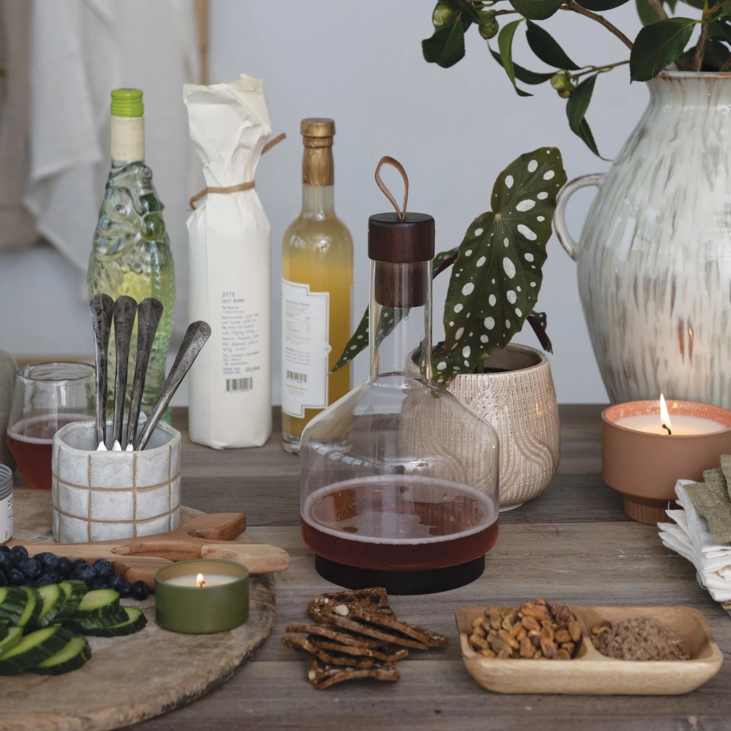 Glass Carafe w/ Acacia Wood Base, Stopper & Leather Pull, Walnut Finish 62 oz.