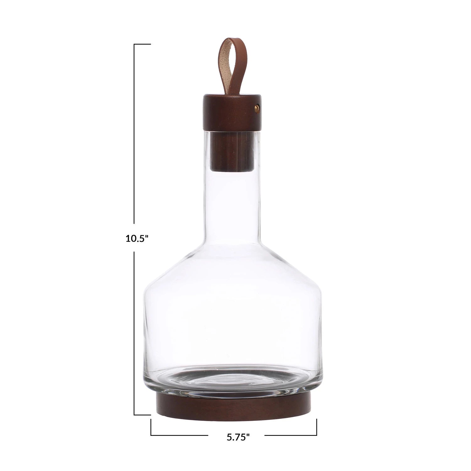 Glass Carafe w/ Acacia Wood Base, Stopper & Leather Pull, Walnut Finish 62 oz.