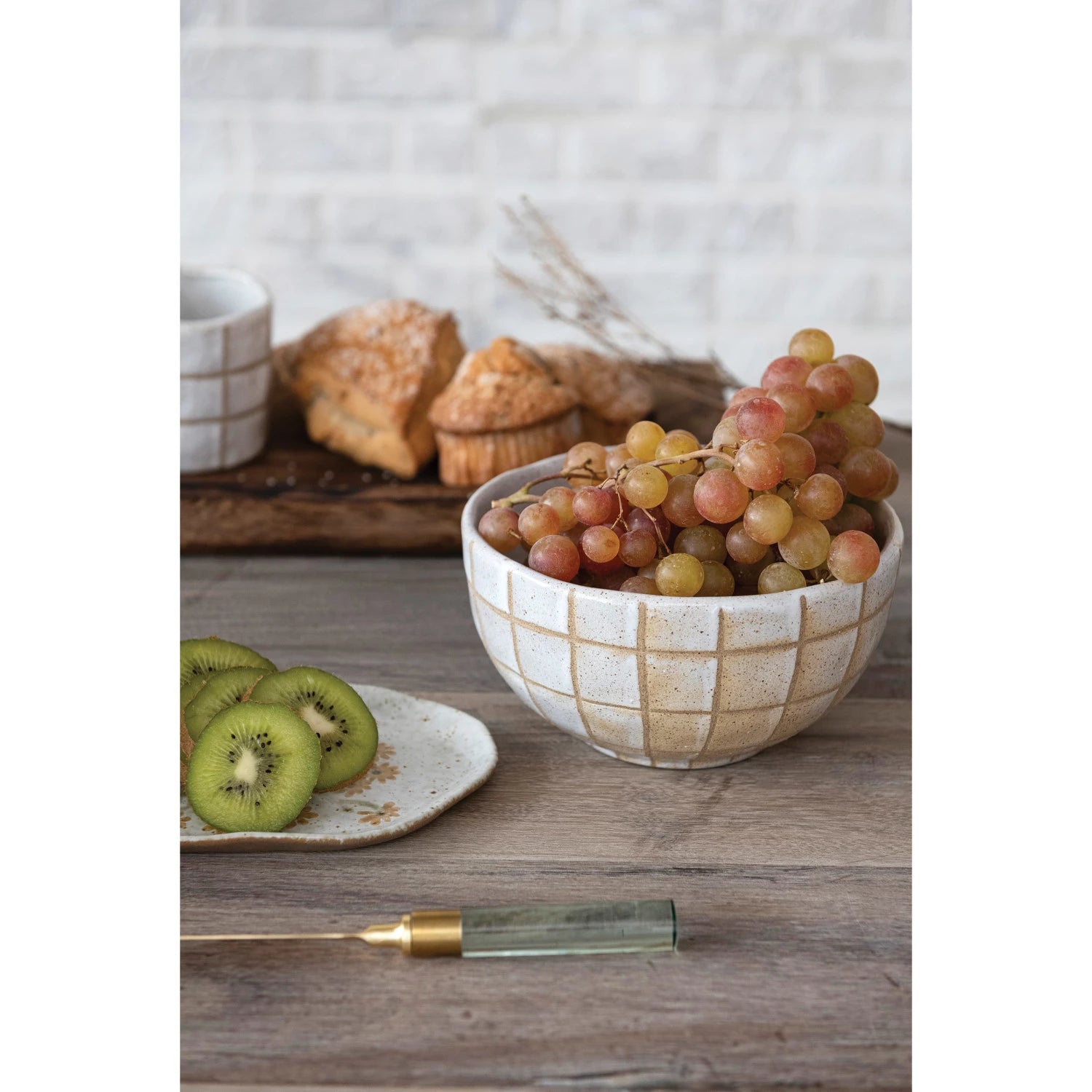 Stoneware Bowl w/ Wax Relief Grid Pattern, Reactive Glaze (Each One Will Vary)