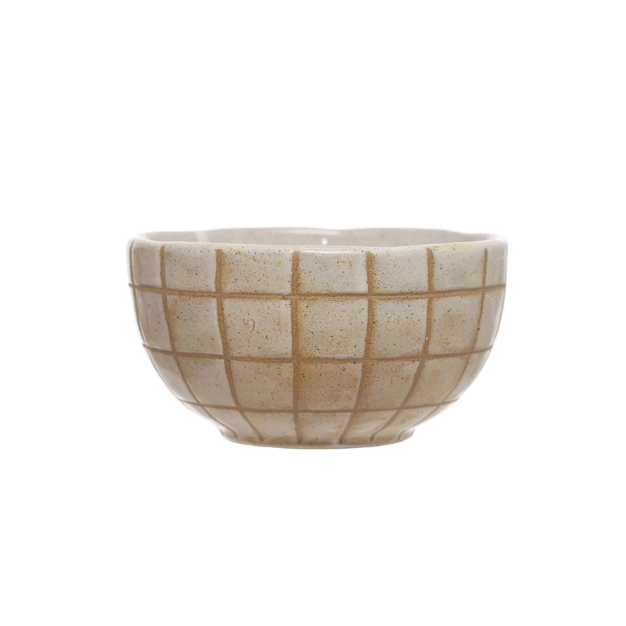 Stoneware Bowl w/ Wax Relief Grid Pattern, Reactive Glaze (Each One Will Vary)