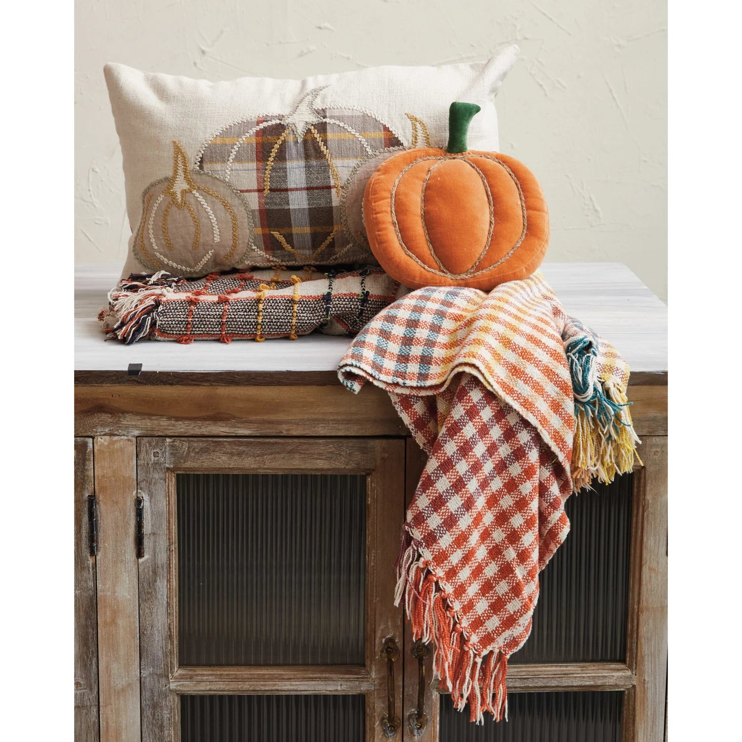 Cotton & Linen Lumbar Pillow w/ Appliqued Pumpkins & Chambray Back