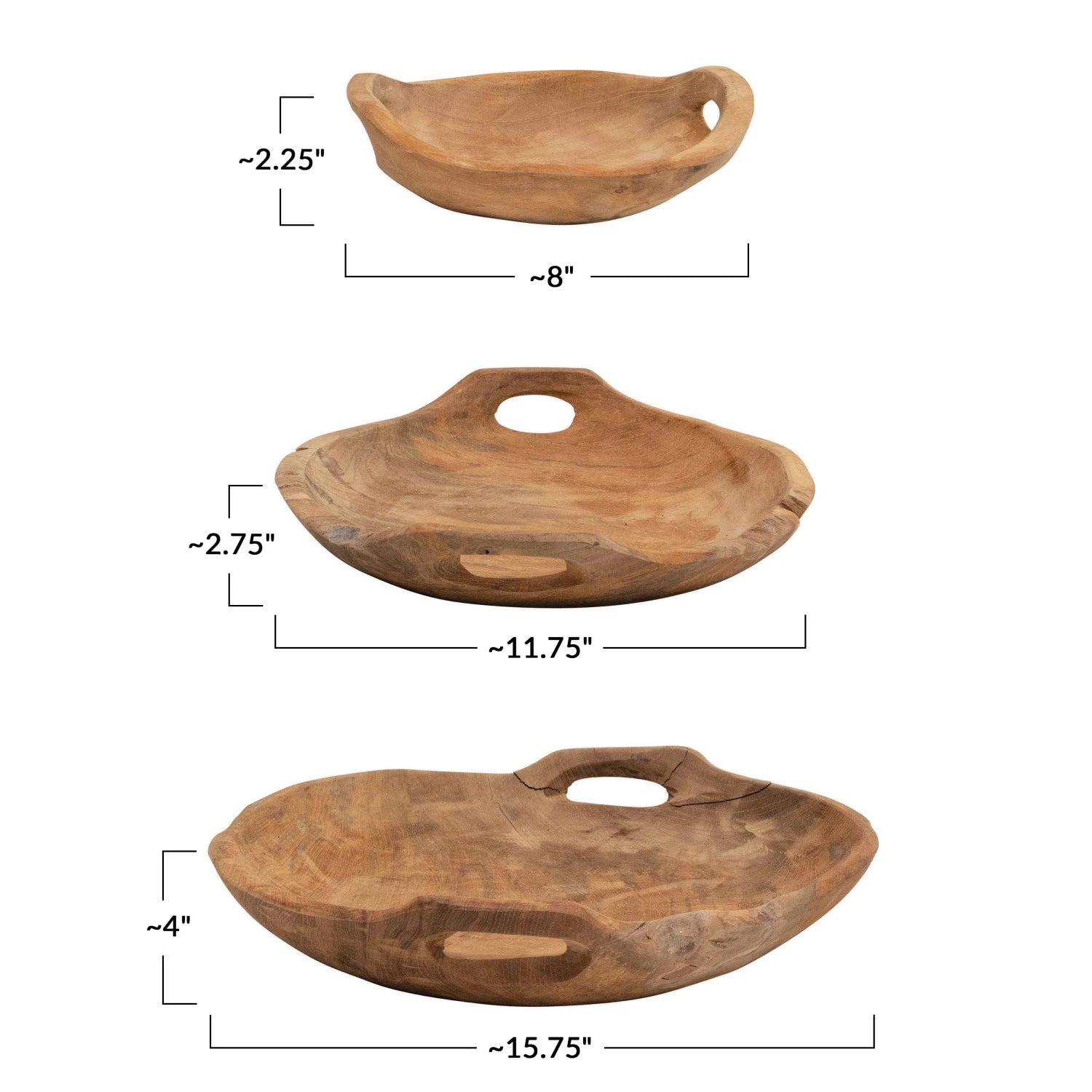 Teak Wood Bowls with Handles, Set of 3