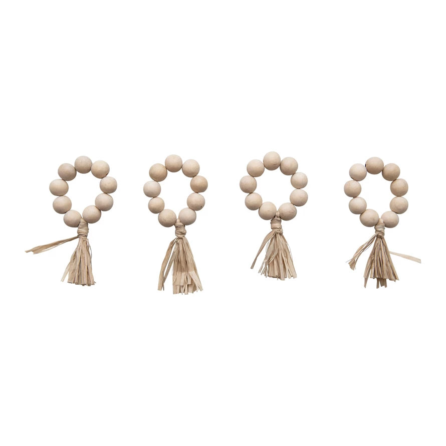 Wood Bead Napkin Rings with Raffia Tassel, Set of 4