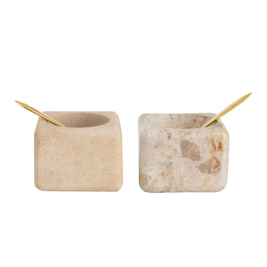 Marble/Sandstone Pinch Pot with Brass Spoon, Set of 2, 2 Colors