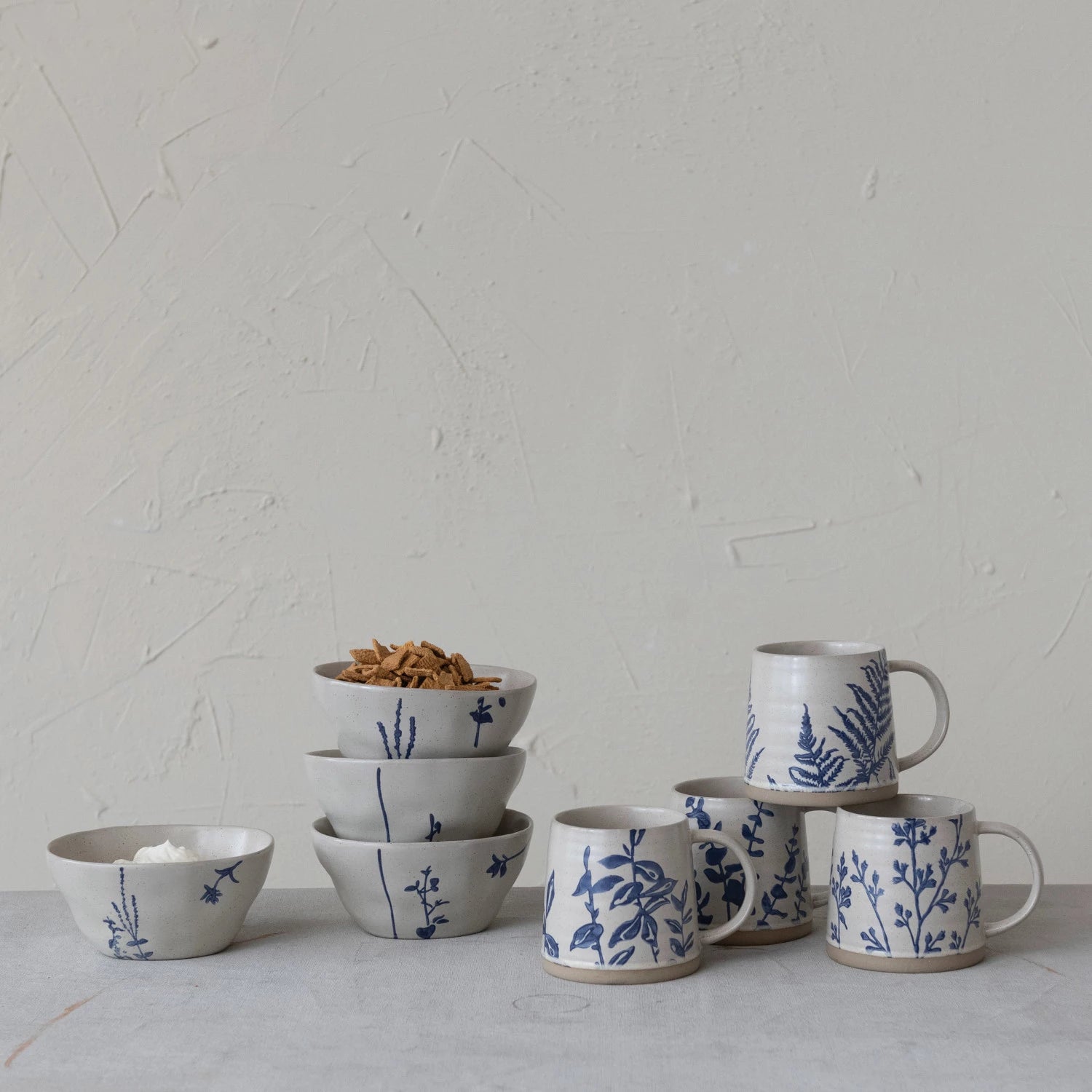 Hand-Stamped Stoneware Bowl w/ Botanicals, Each