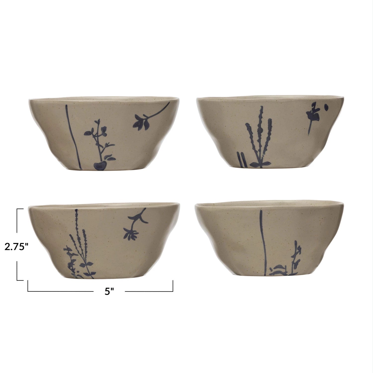 Hand-Stamped Stoneware Bowl w/ Botanicals, Each