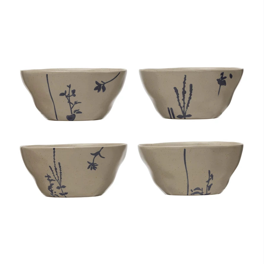 Hand-Stamped Stoneware Bowl w/ Botanicals, Each