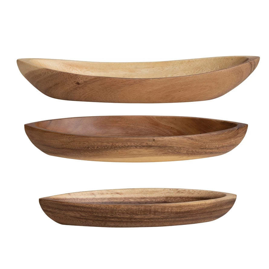 Acacia Wood Boat Shaped Bowls, Natural, Set of 3