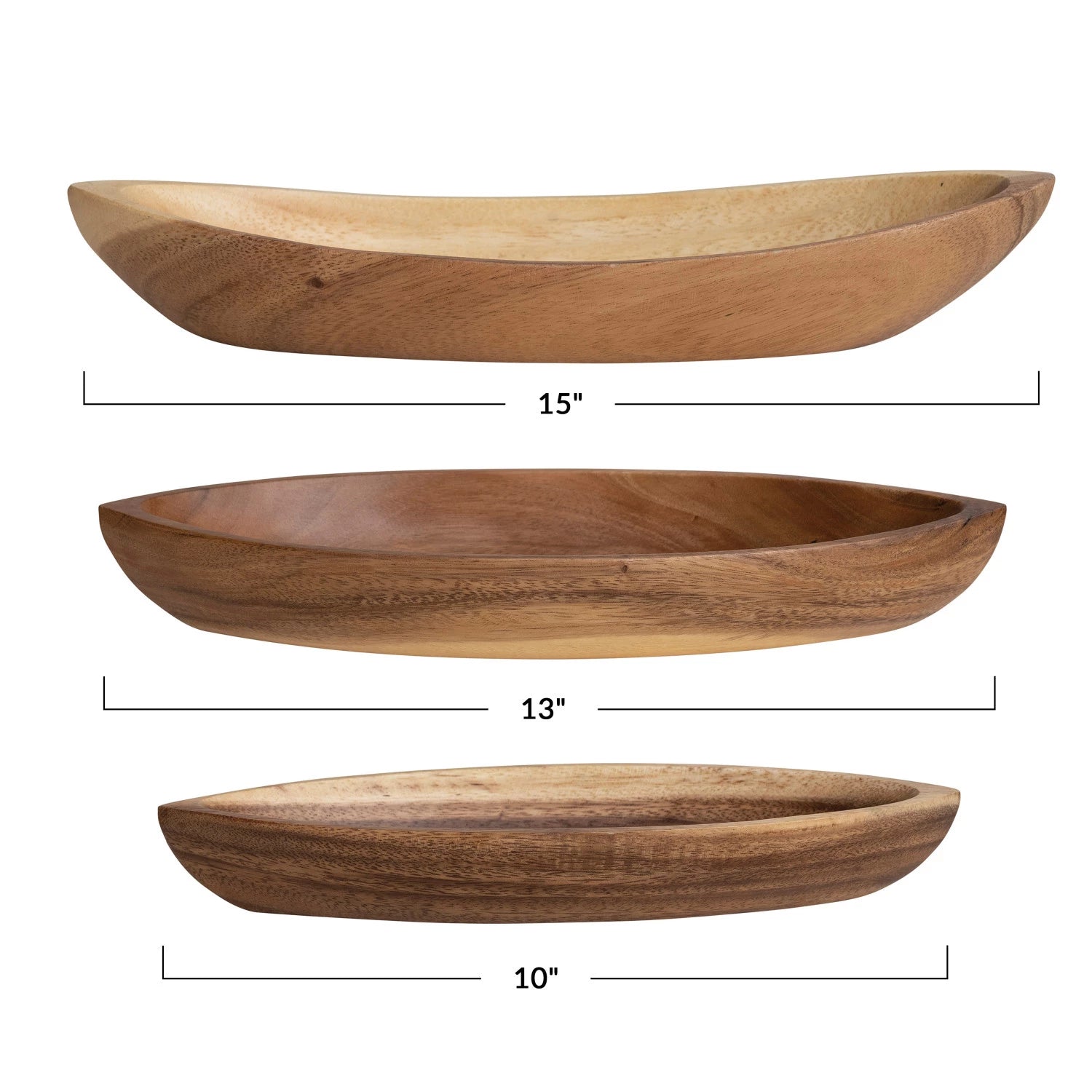 Acacia Wood Boat Shaped Bowls, Natural, Set of 3