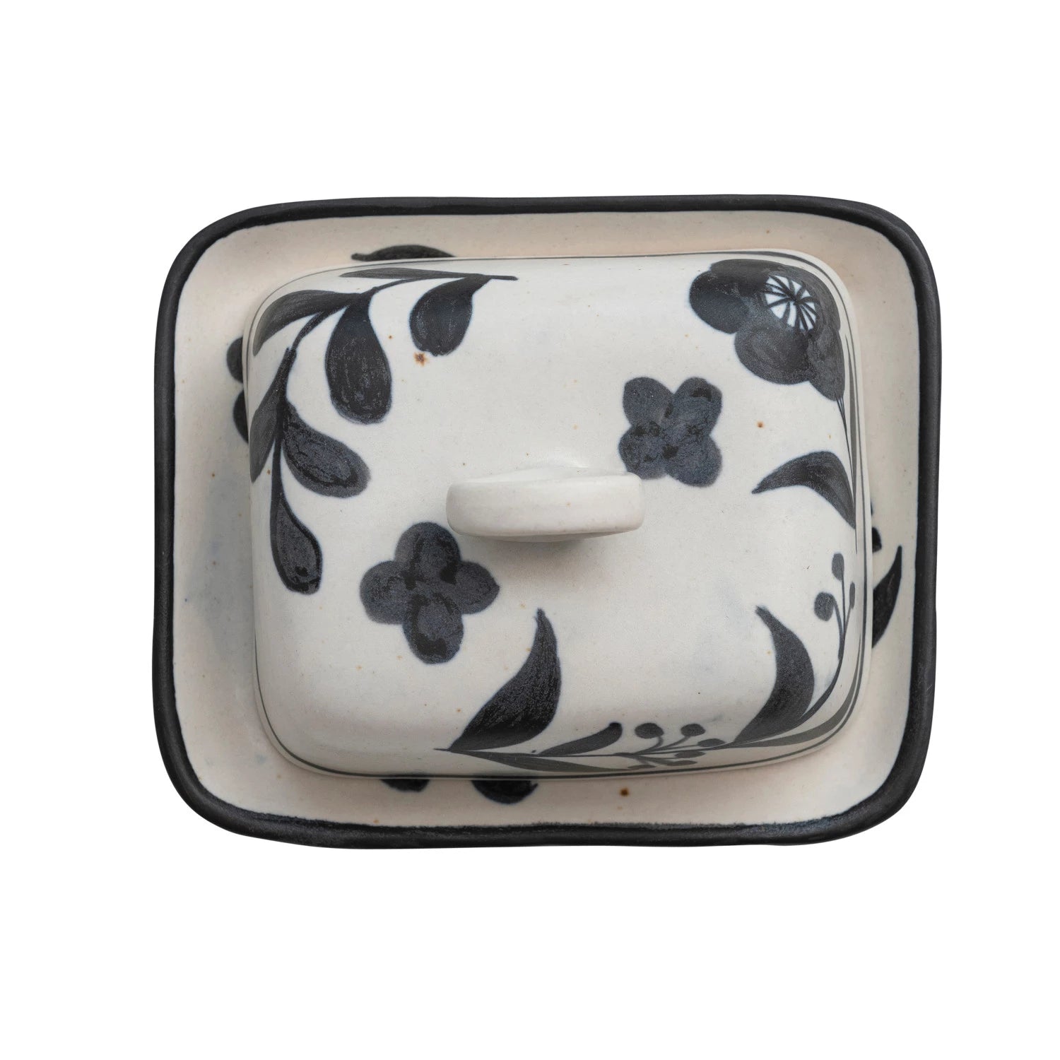 Hand-Painted Stoneware Butter Dish w/ Floral Design, Matte Black & Cream Color Speckled