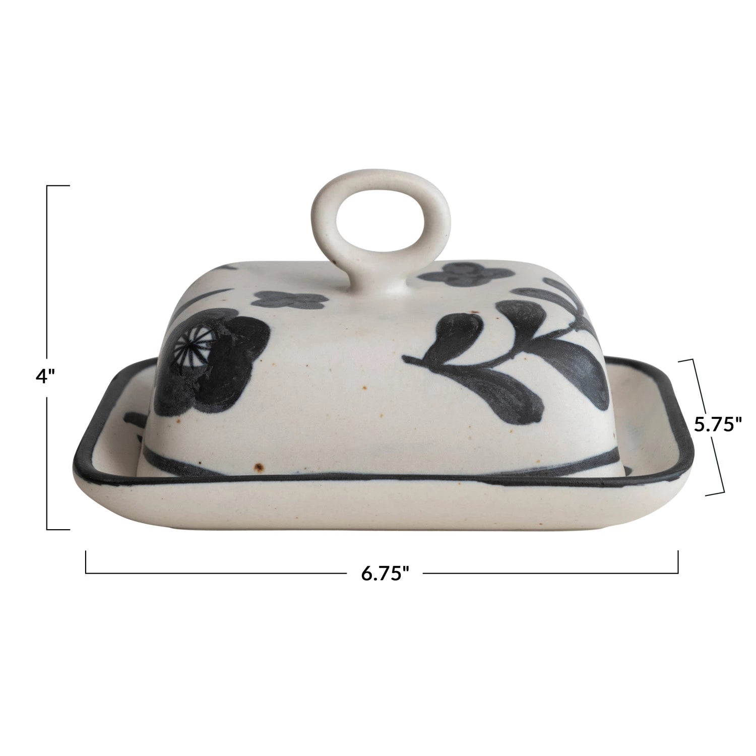 Hand-Painted Stoneware Butter Dish w/ Floral Design, Matte Black & Cream Color Speckled