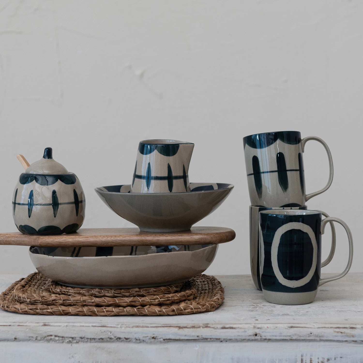 Hand-Painted Stoneware Creamer & 10 oz. Sugar Pot w/ Bamboo Spoon, Set of 3, 10 oz.