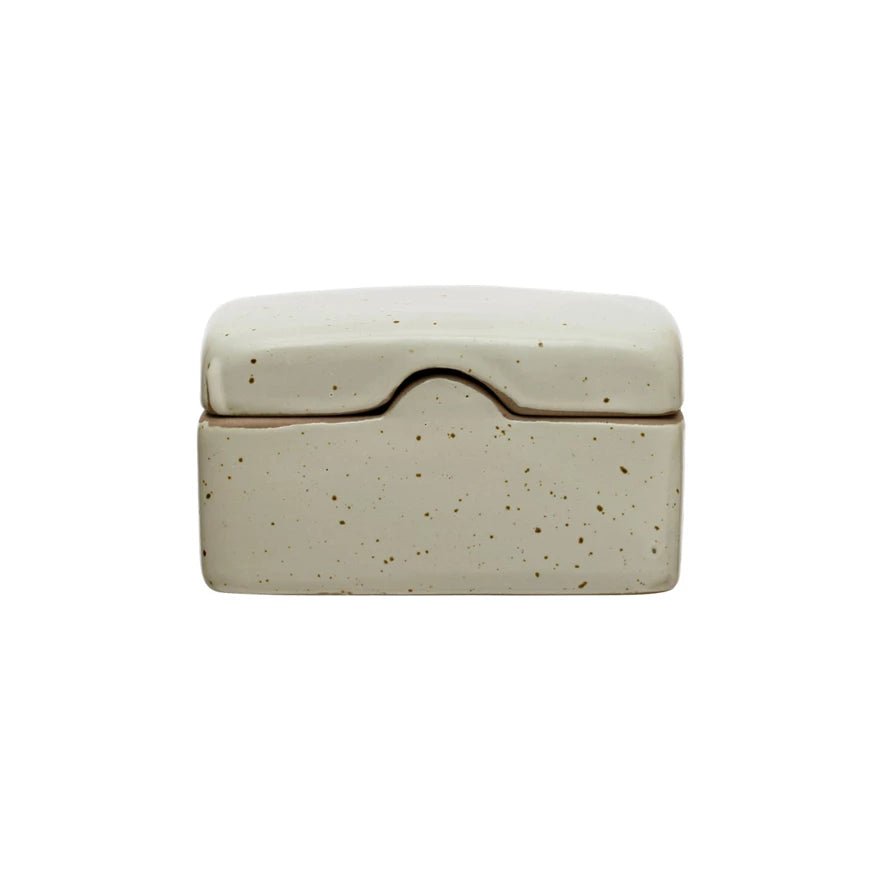 Stoneware Box w/ Lid, Reactive Glaze, White (Each One Will Vary)