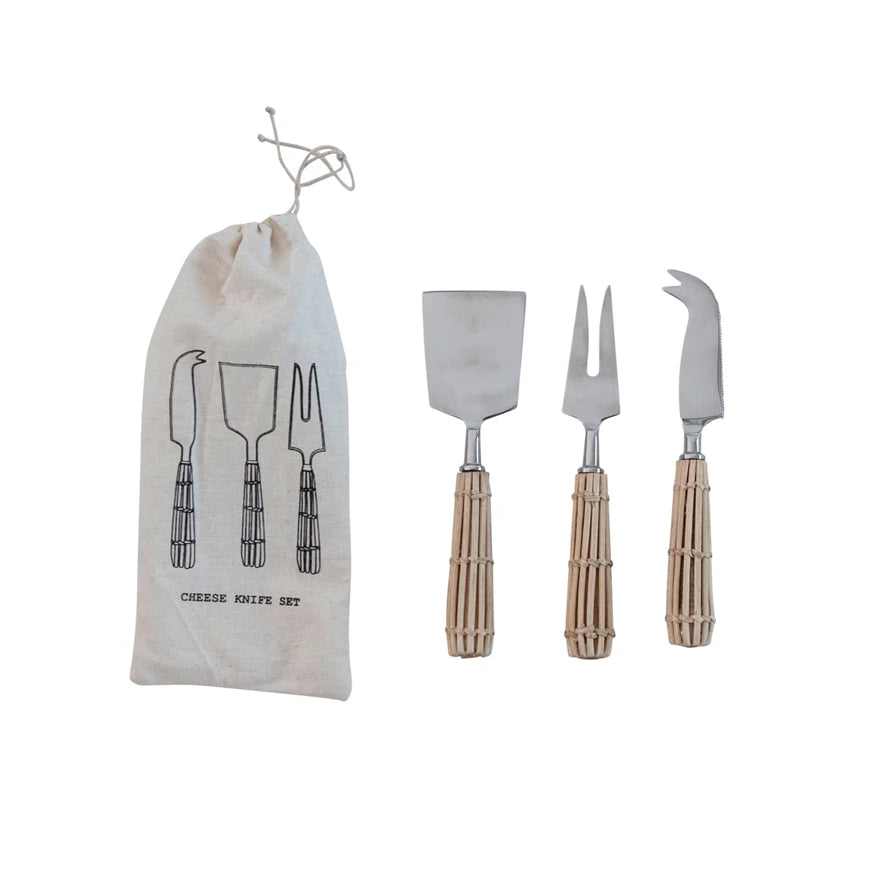 Stainless Steel Cheese Knives w/ Rattan Handles, Set of 3 in Drawstring Bag