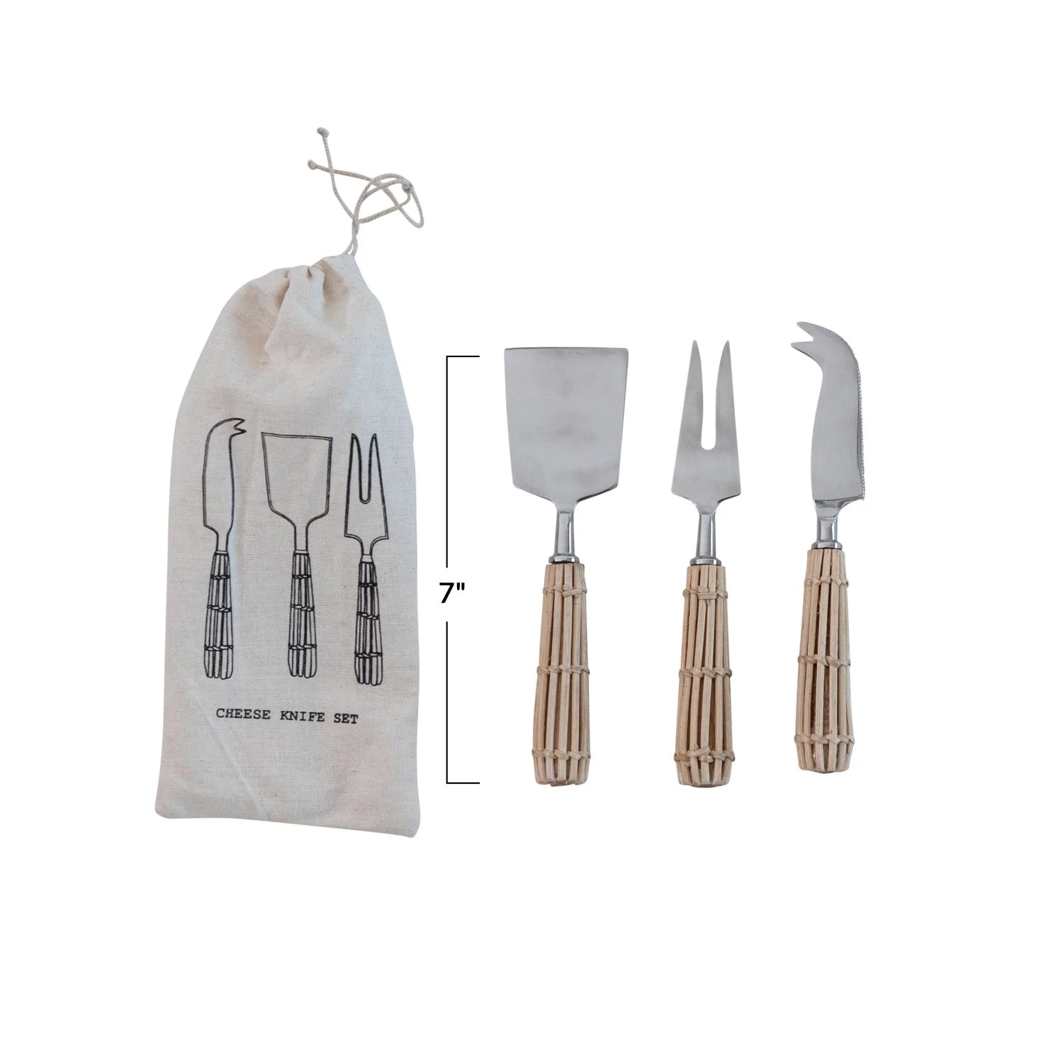 Stainless Steel Cheese Knives w/ Rattan Handles, Set of 3 in Drawstring Bag