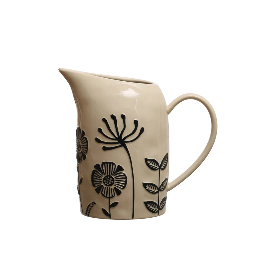 Hand-Painted Stoneware Pitcher w/ Embossed Flowers 62oz