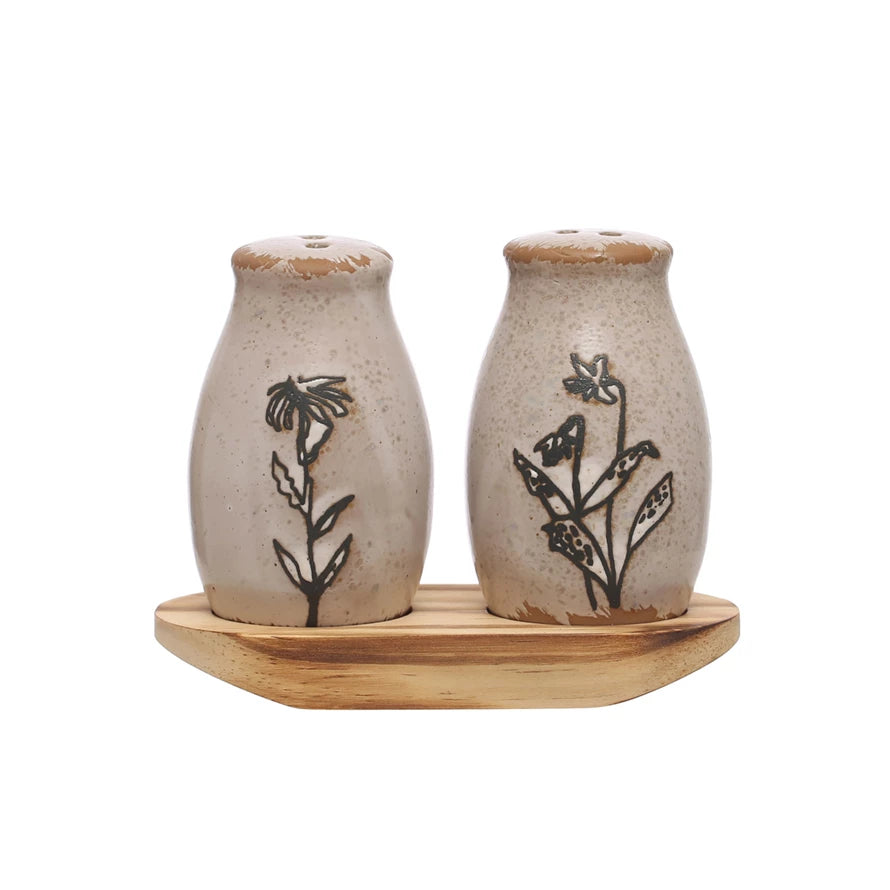 Stoneware Salt & Pepper Shakers w/ Tray