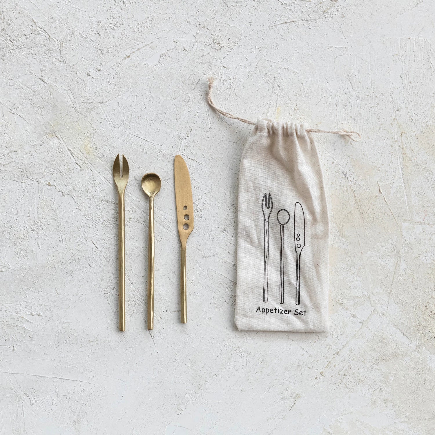 Brass Appetizer Cutlery, Matte Finish, Set of 3 in Printed Drawstring Bag