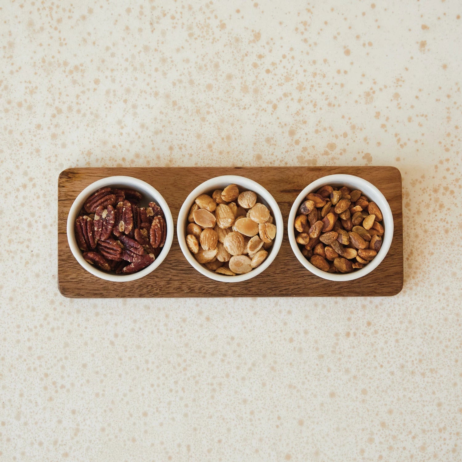 Mango Wood Tray w/ (3) 2 oz. Stoneware Bowls, Set of 4