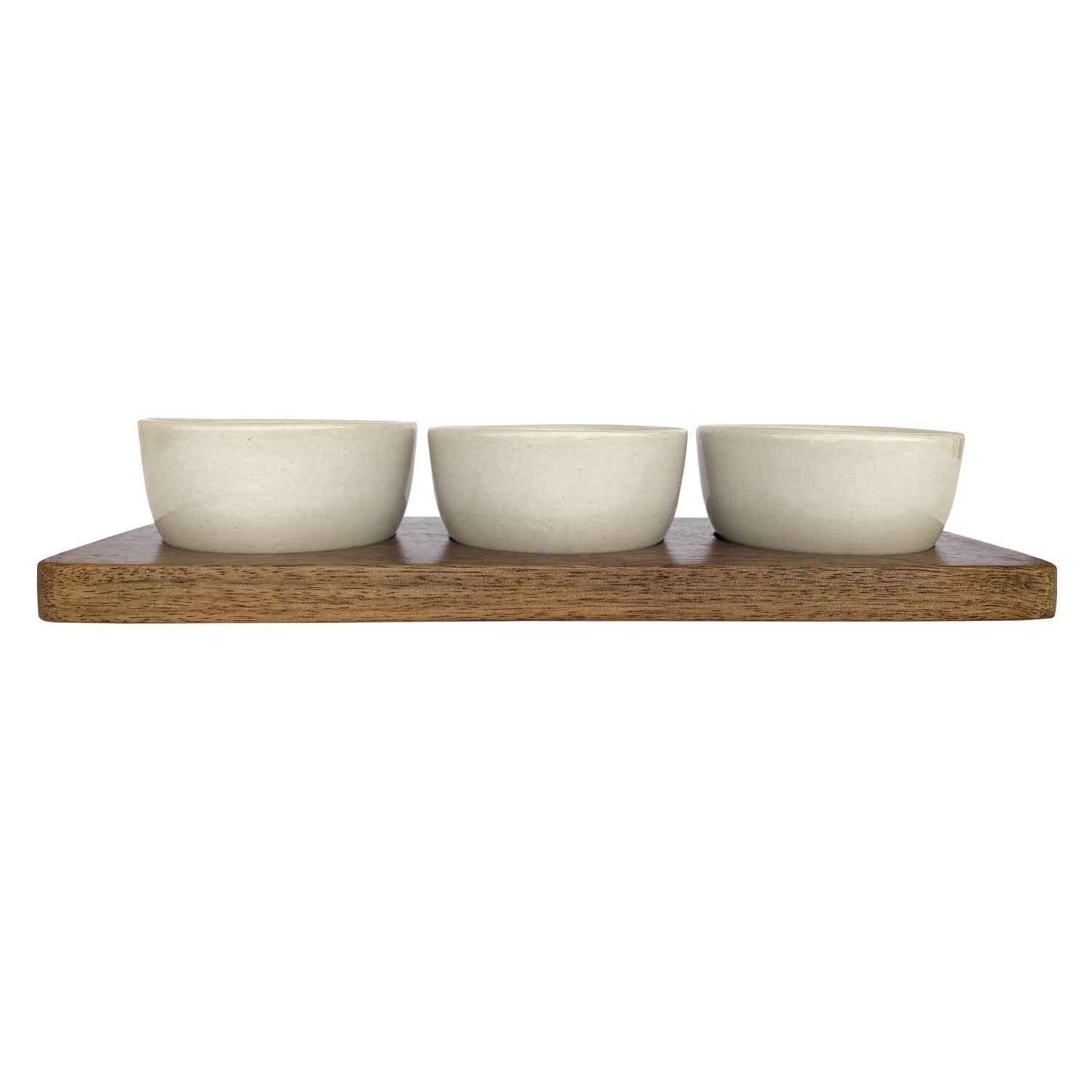 Mango Wood Tray w/ (3) 2 oz. Stoneware Bowls, Set of 4