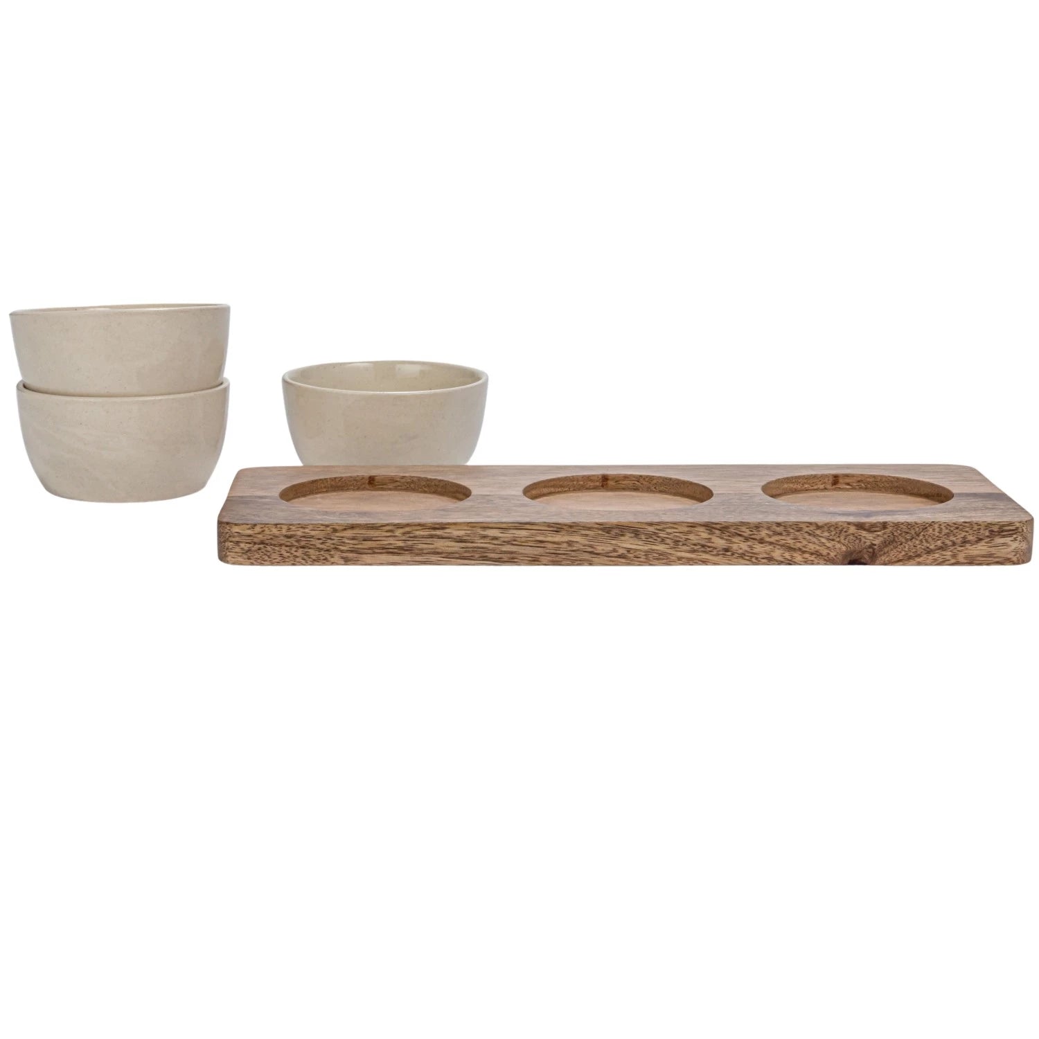 Mango Wood Tray w/ (3) 2 oz. Stoneware Bowls, Set of 4