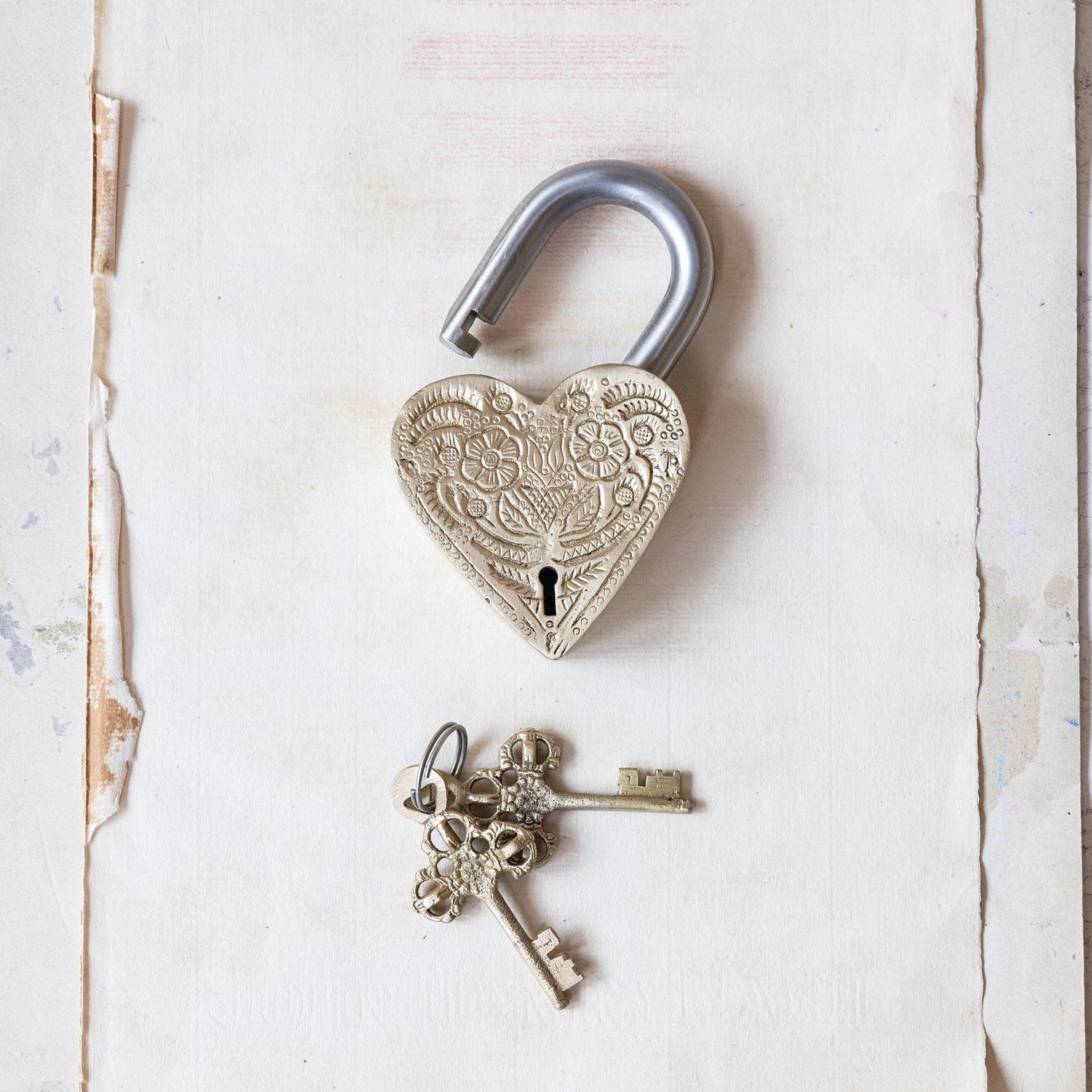 Debossed Brass & Stainless Steel Heart Shaped Lock w/ 2 Keys, Set of 3