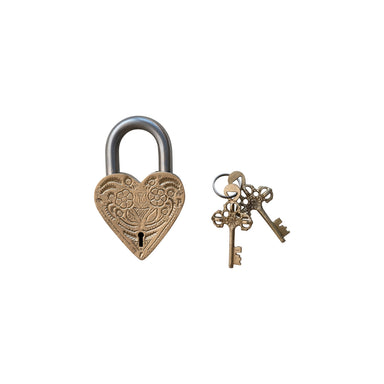 Debossed Brass & Stainless Steel Heart Shaped Lock w/ 2 Keys, Set of 3