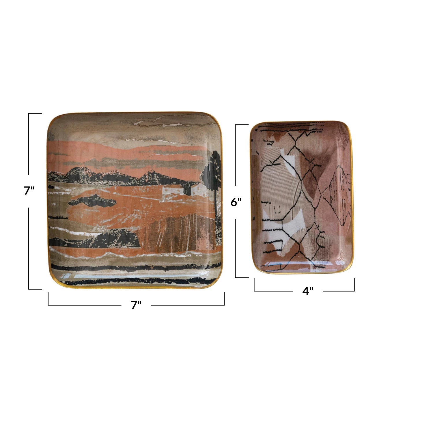 Enameled Metal Trays w/ Landscape/Abstract Image & Gold Rim, Set of 2