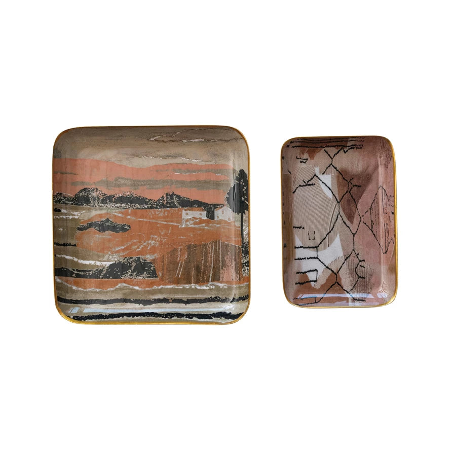 Enameled Metal Trays w/ Landscape/Abstract Image & Gold Rim, Set of 2