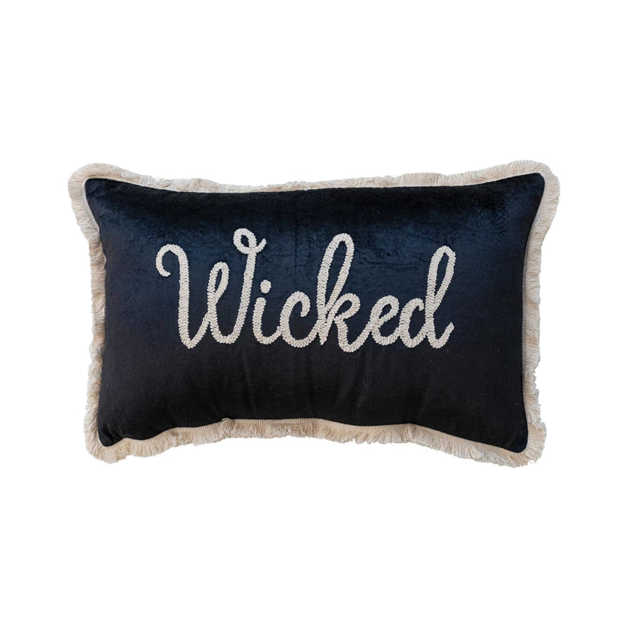 Cotton Velvet Lumbar Pillow w/ Embroidery & Fringe