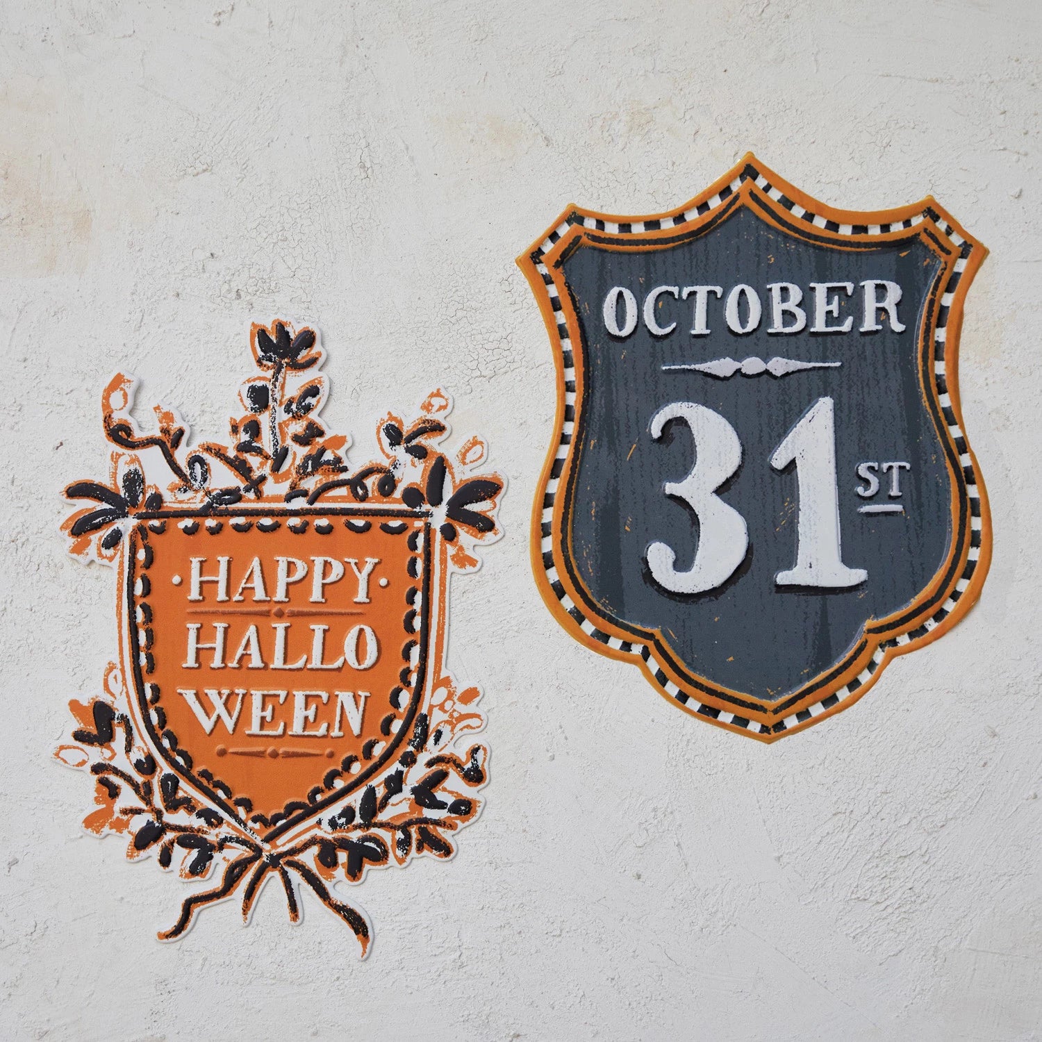 Embossed Metal Wall Décor w/ Halloween Saying, Orange Color & Black, 2 Styles