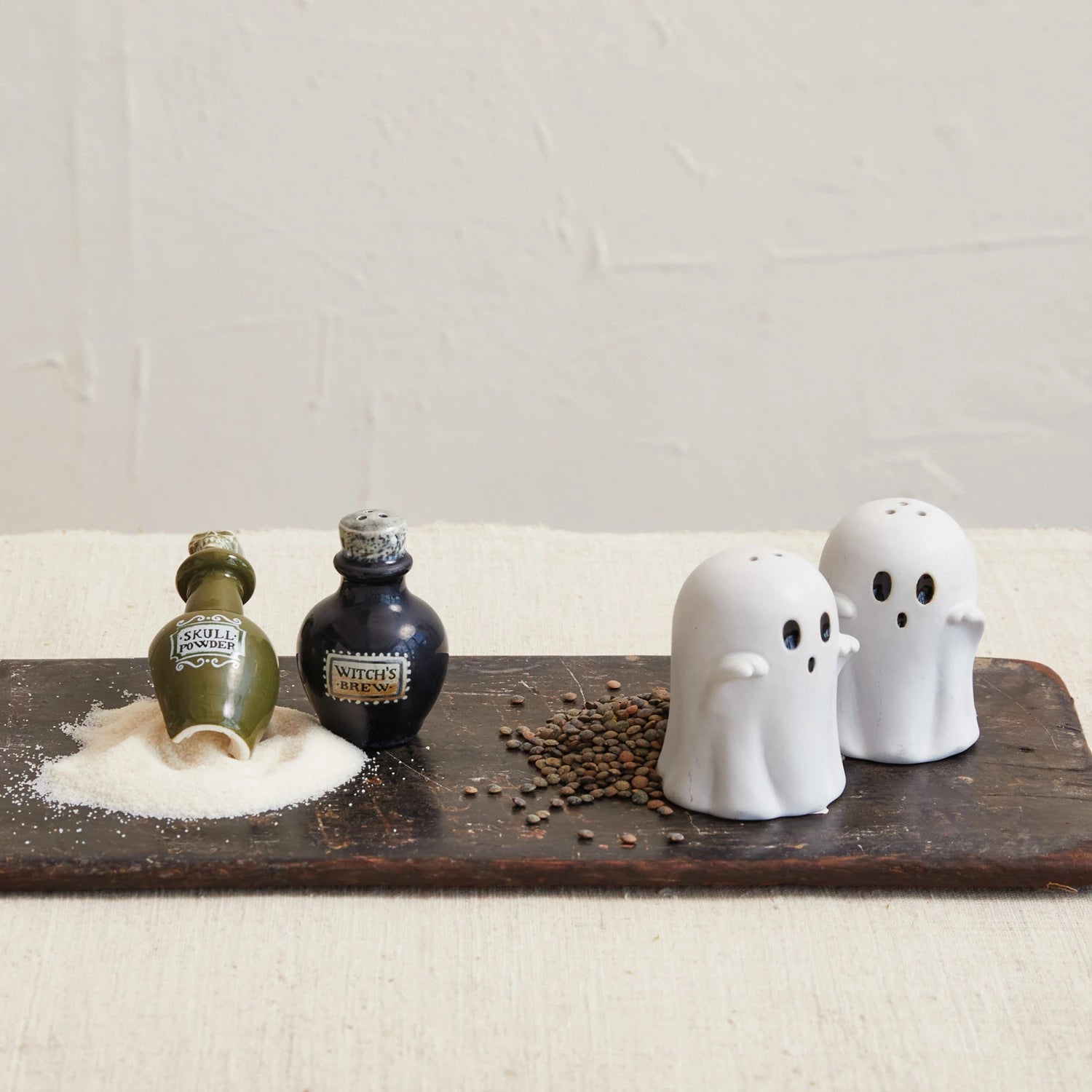 Embossed Stoneware Ghost Shaped Salt & Pepper Shakers, Set of 2