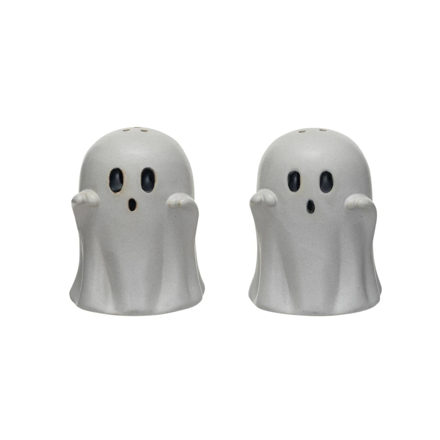 Embossed Stoneware Ghost Shaped Salt & Pepper Shakers, Set of 2