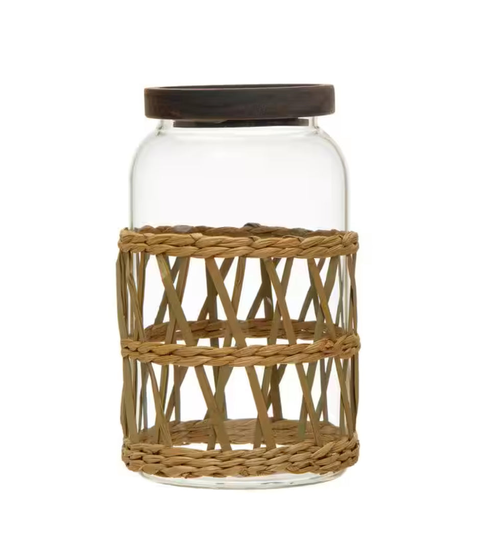 Glass Canister w/ Acacia Wood Lid &amp; Woven Sleeve_Large