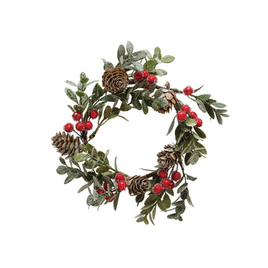 4" Round Faux Boxwood Wreath w/ Natural Pinecones & Red Berries, Snow Finish