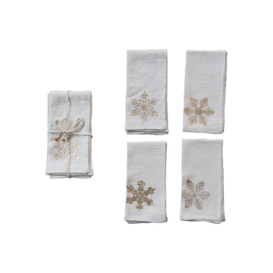 Linen Printed Napkins w/ Gold Foil Snowflake, Set of 4 Bundled w/ Tie & Bells