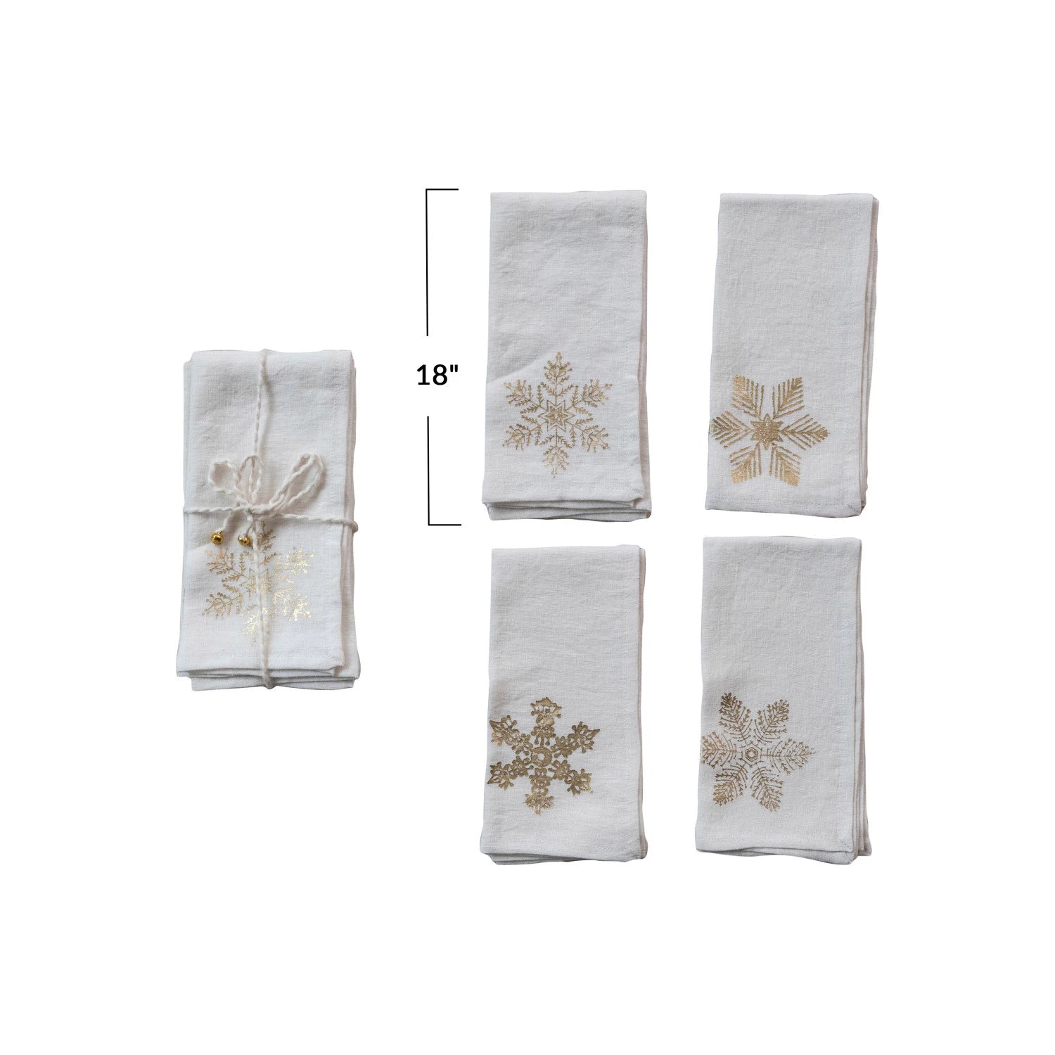 Linen Printed Napkins w/ Gold Foil Snowflake, Set of 4 Bundled w/ Tie & Bells