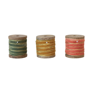 10 Yard Velvet Ribbon w/ Metallic Edges on Wood Spool, 3 Colors