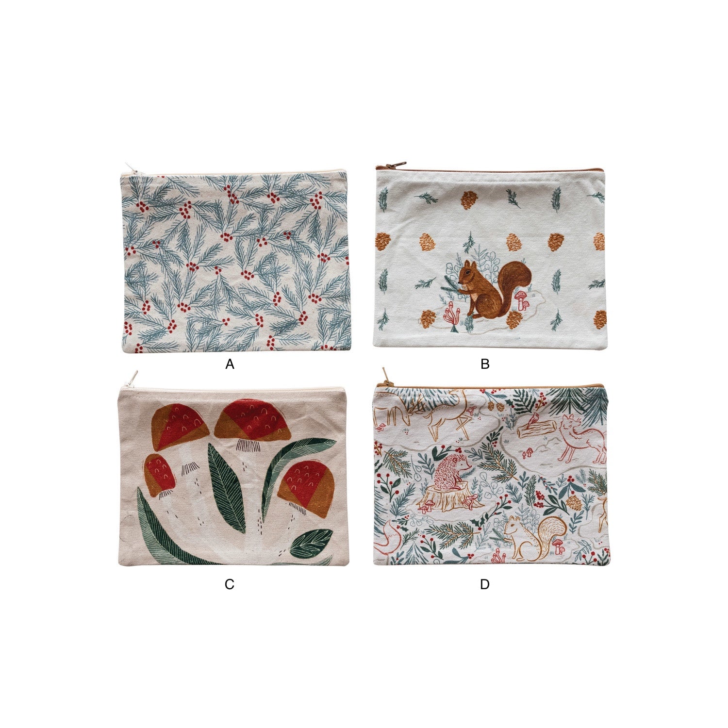 Cotton Printed Zip Pouch w/ Woodland Flora/Fauna Pattern, 4 Styles ©