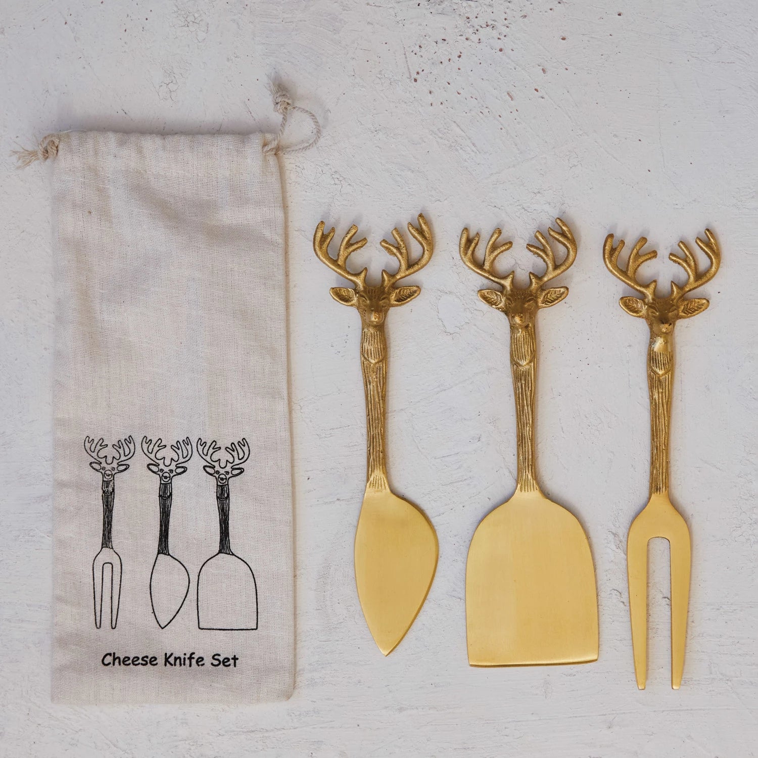 Brass Cheese Knives w/ Reindeer Handles, Set of 3 in Printed Drawstring Bag